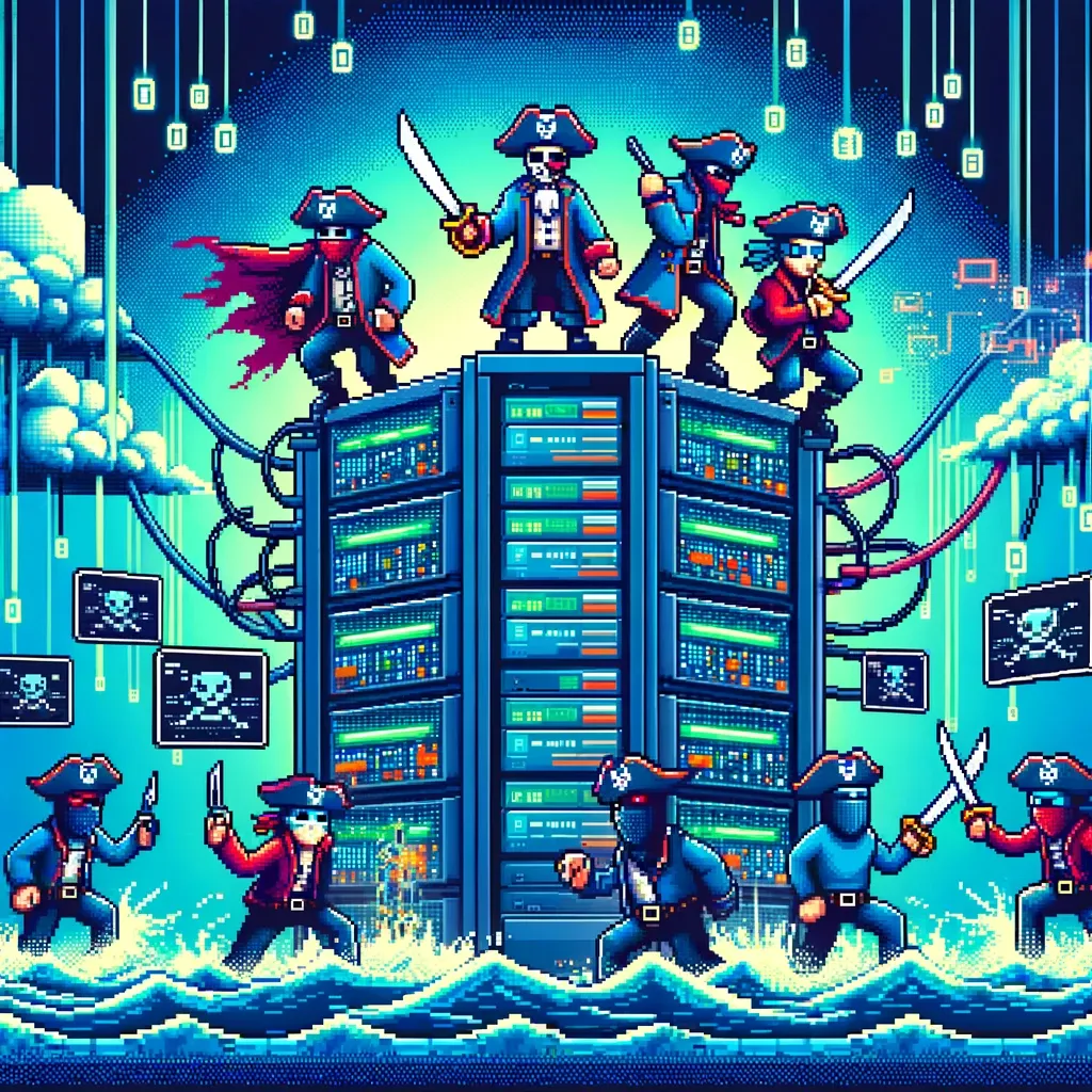 8-bit pixel-art illustration of sword-wielding pirates attacking a server rack, with skull-and-crossbones warning screens and ocean waves below.