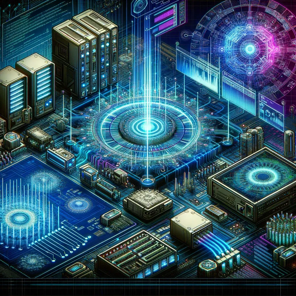 Stylized isometric illustration of a circuit board with server racks and glowing blue and purple circular data displays.