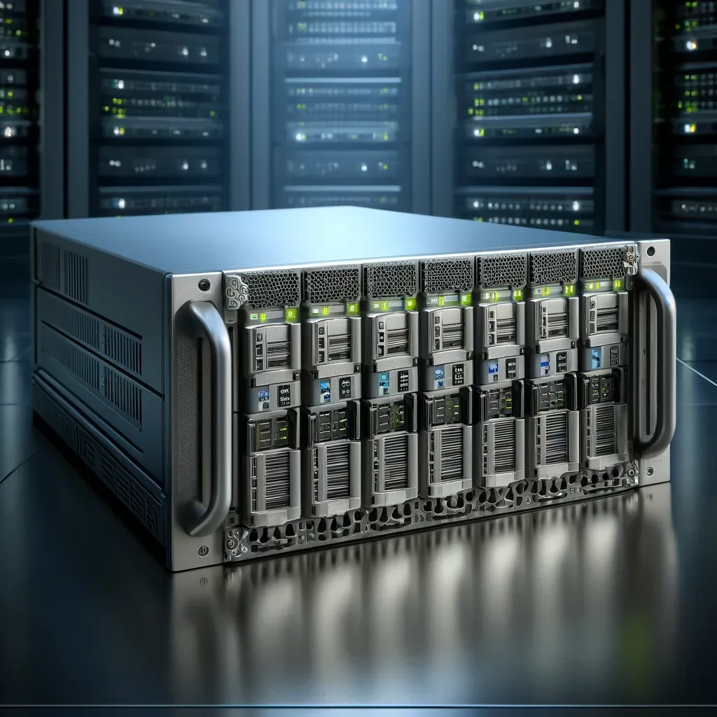 A rack-mounted hardware server unit with multiple slotted modules and status lights, set in a data center aisle of server racks.