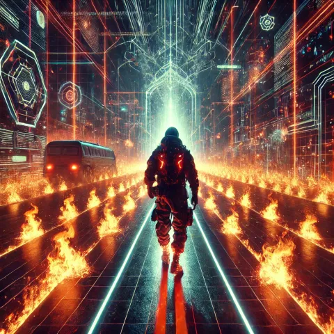 A cyberpunk-style illustration of a figure in futuristic gear walking down a neon-lit road lined with flames, toward a glowing archway.
