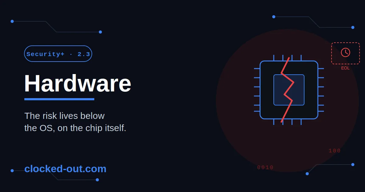 Hardware vulnerability concept showing a circuit board chip with a crack and an end-of-life warning marker