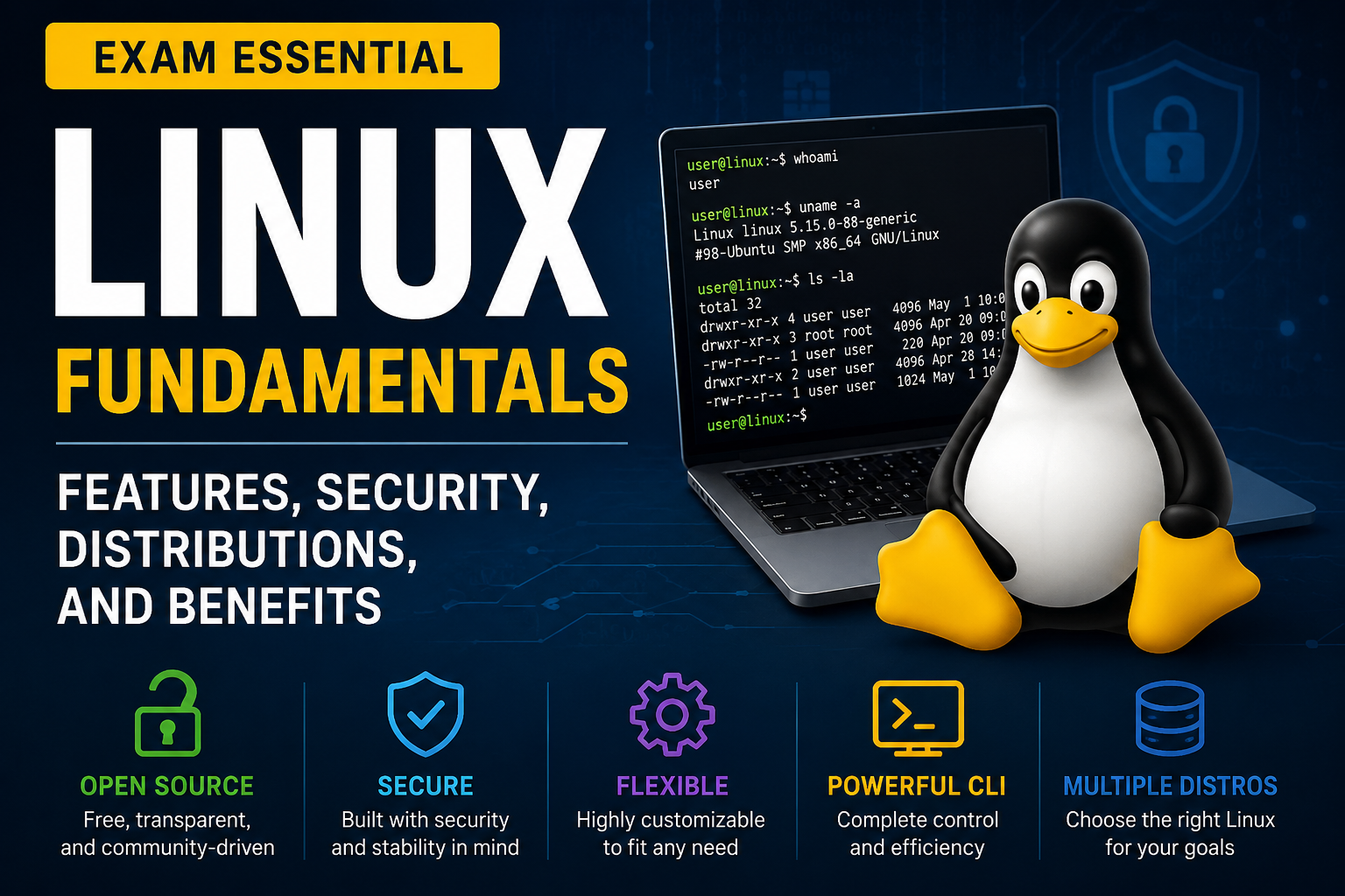 Linux Fundamentals infographic explaining open-source software, security features, Linux distributions, and command line interface concepts.