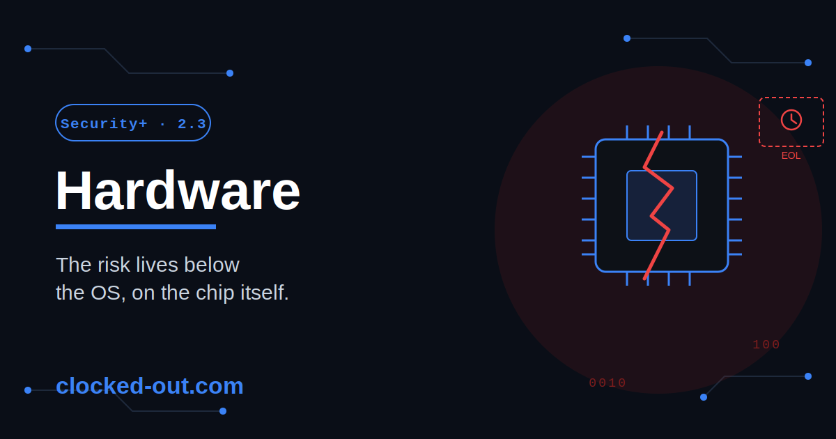 Hardware vulnerability concept showing a circuit board chip with a crack and an end-of-life warning marker